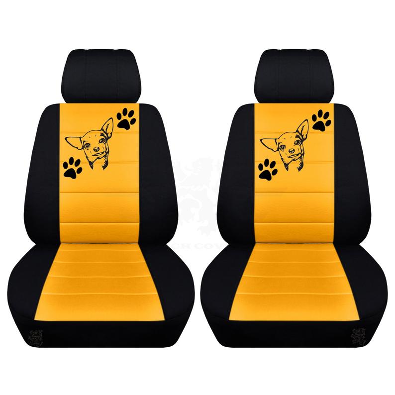 Two Front Two Tone Seat Covers with a Chihuahua and Paw Prints Fits Honda CR-V Side Airbag Friendly