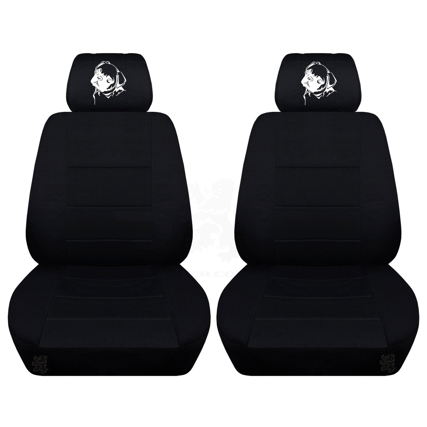 Two Front Seat Covers Fits a Toyota Camry Colored Frame with a Black Insert and an Embroidered Pug Airbag Friendly