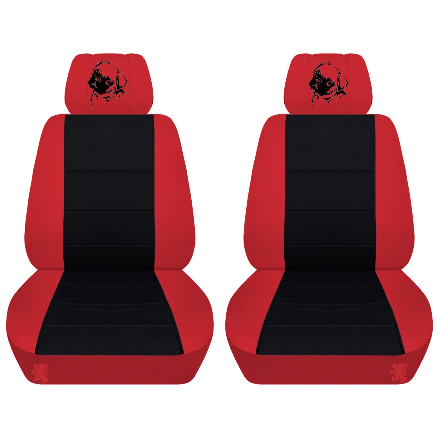 Two Front Seat Covers Fits a Toyota Camry Colored Frame with a Black Insert and an Embroidered Pug Airbag Friendly