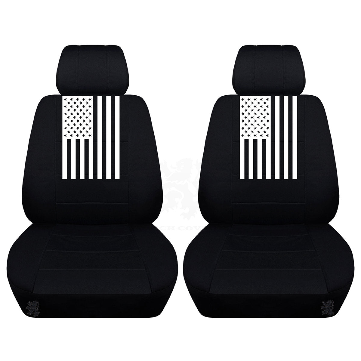 Two Front Seat Covers Fits a Toyota Camry with an American flag on the Insert of the Seat Covers Airbag Friendly