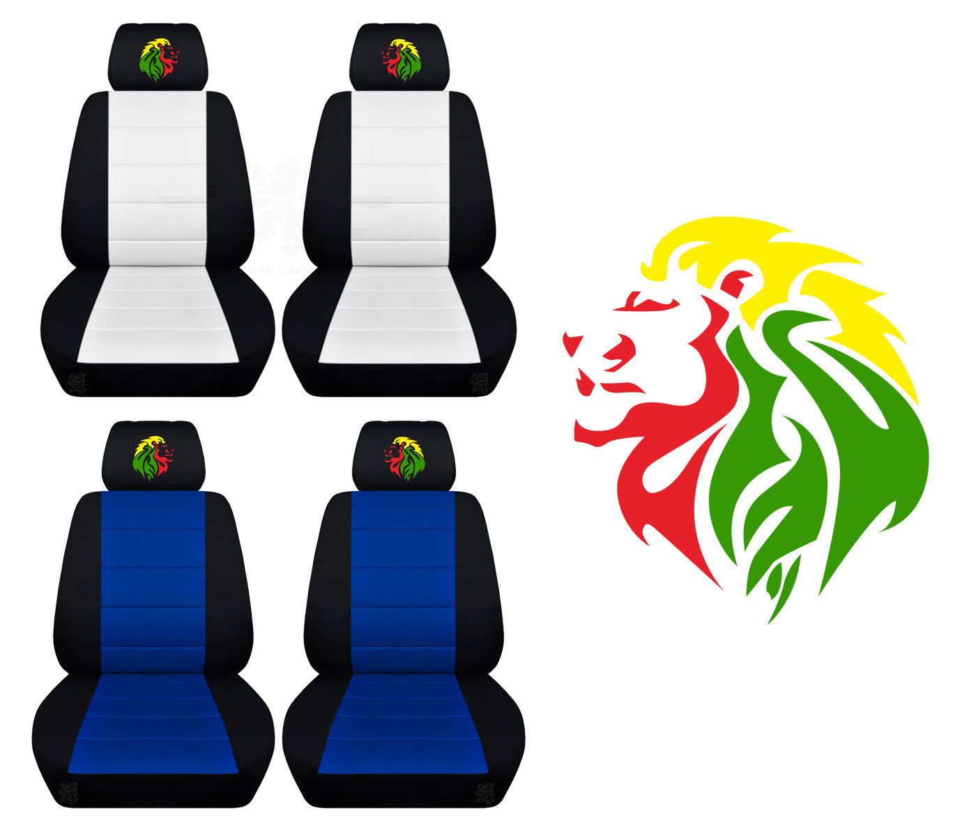 Two Front Seat Covers Fits a Toyota Corolla with an Embroidered Rasta Lion Side Airbag Friendly