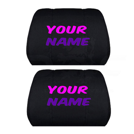 Two Black Headrest Covers for your Specific Car With your Choice of Name Embroidered in Pink and Purple