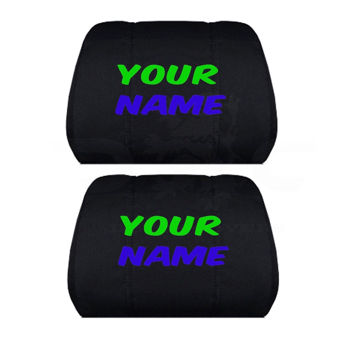 Two Black Headrest Covers for your Specific Car With your Choice of Name Embroidered in Lime Green and Blue