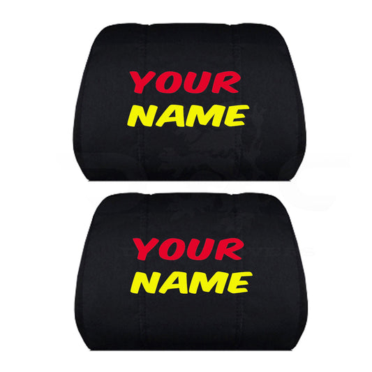 Two Black Headrest Covers for your Specific Car With your Choice of Name Embroidered in Red and Yellow