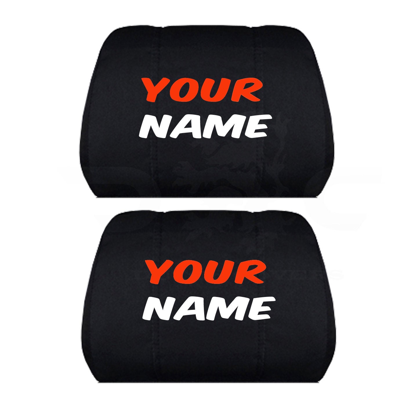 Two Black Headrest Covers for your Specific Car With your Choice of Name Embroidered in Orange and White