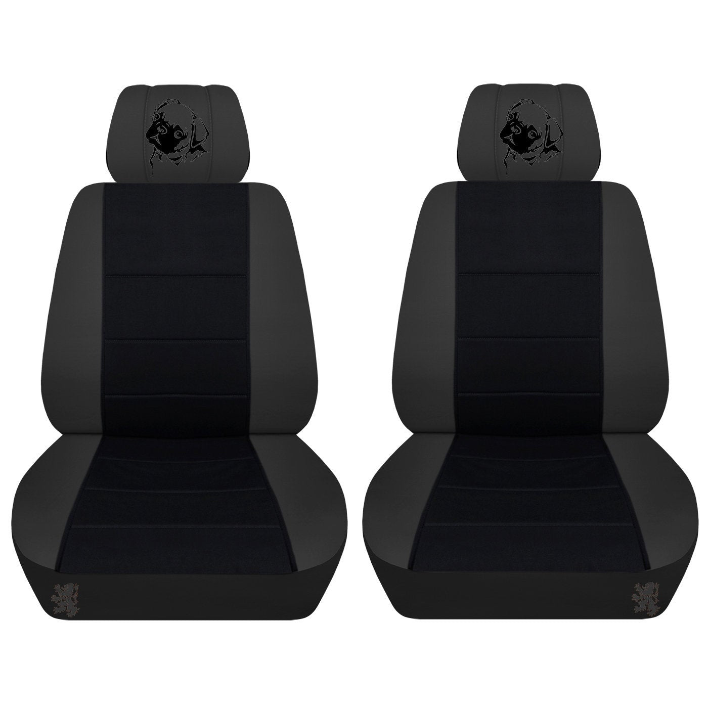 Two Front Seat Covers Fits a Toyota Camry Colored Frame with a Black Insert and an Embroidered Pug Airbag Friendly