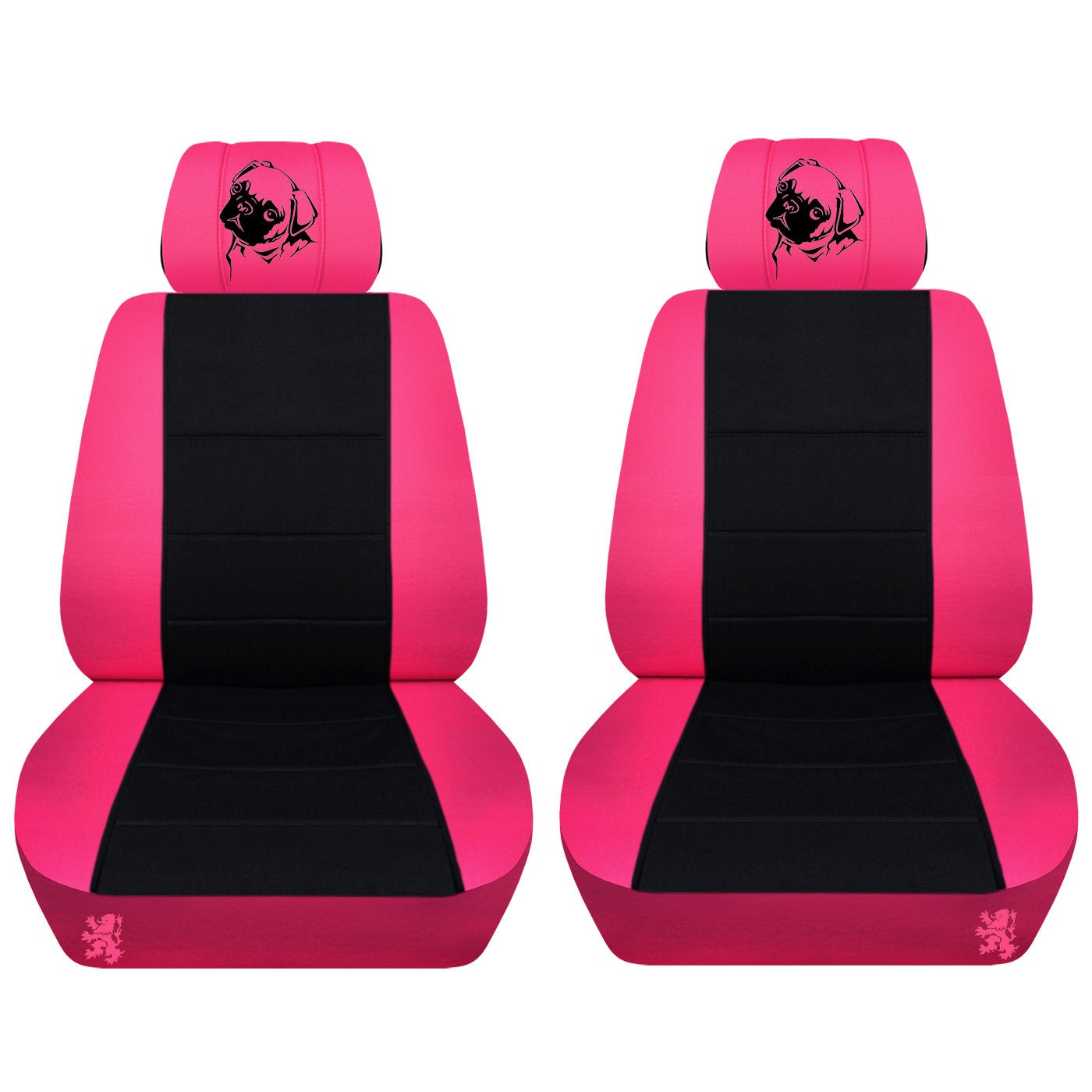 Two Front Seat Covers Fits a Toyota Camry Colored Frame with a Black Insert and an Embroidered Pug Airbag Friendly