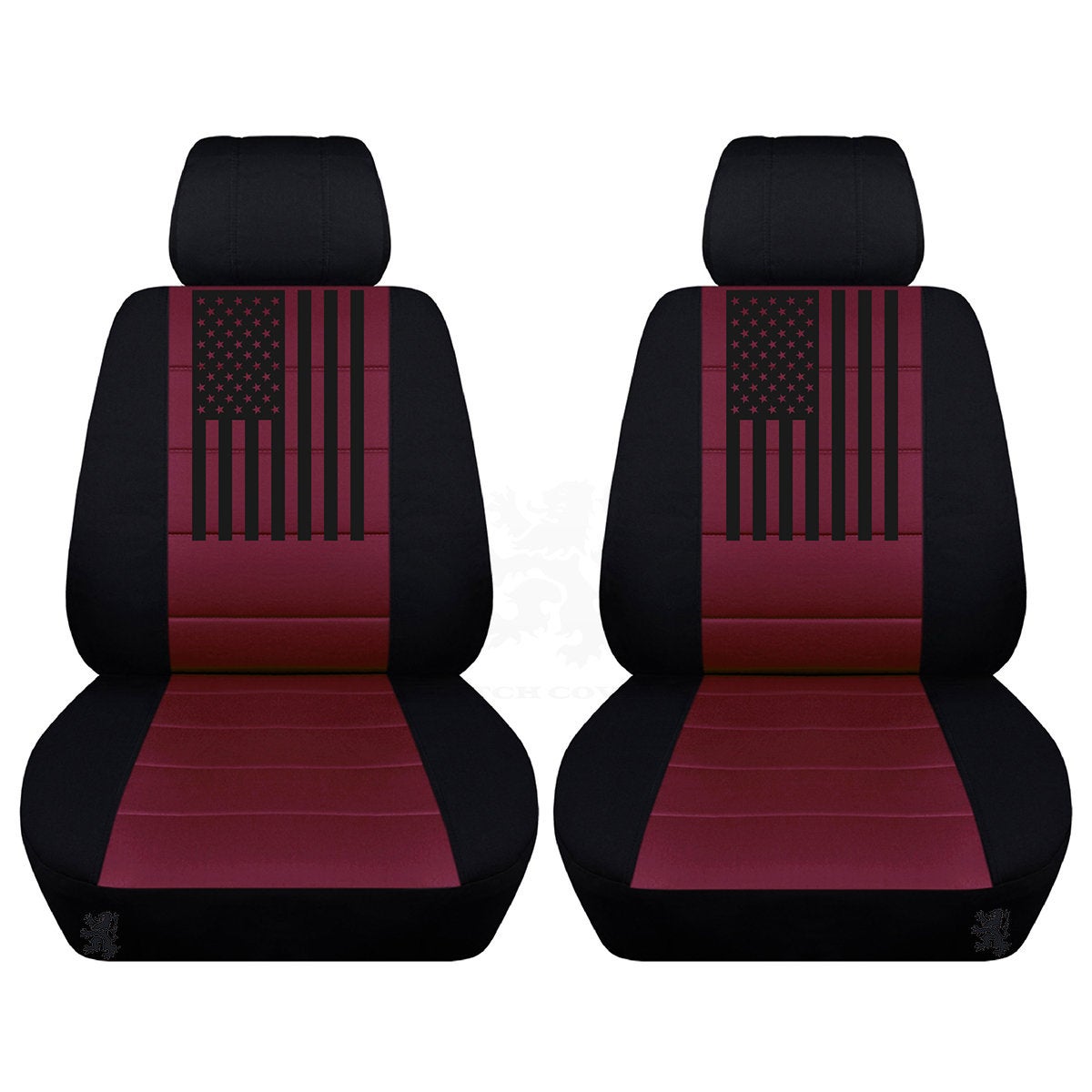 Two Front Seat Covers Fits a Toyota Camry with an American flag on the Insert of the Seat Covers Airbag Friendly