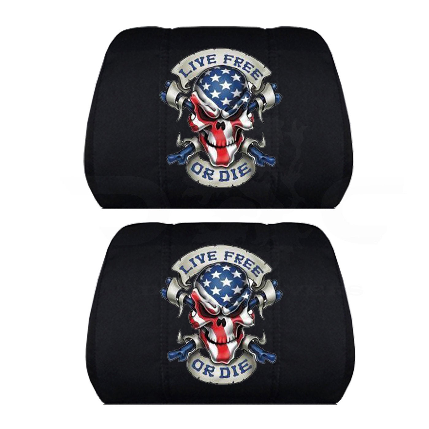 Two Black Headrest Covers for your Specific Car Live Free Or Die is Embroidered onto the Headrest Covers